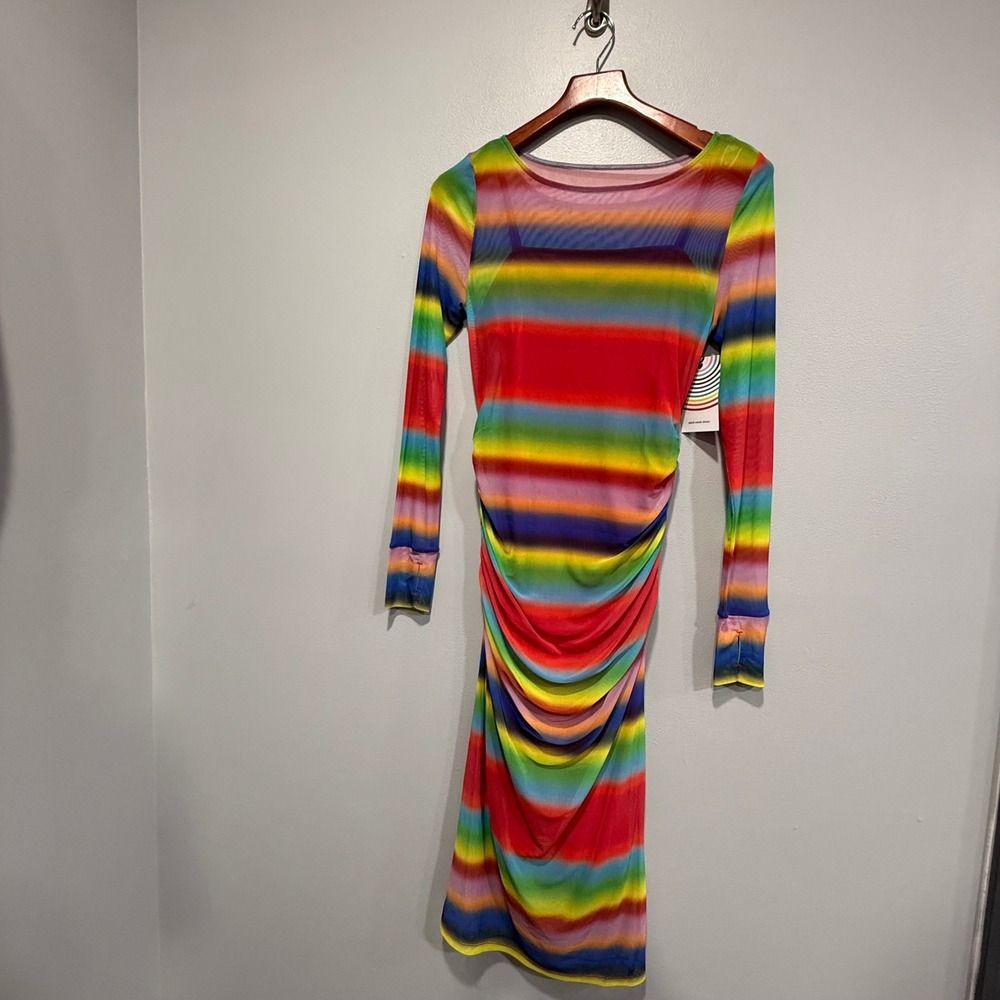 Target Pride Adult Mesh Dress Rainbow‎ Gradient Ruched Long Sleeve Medium NEW
